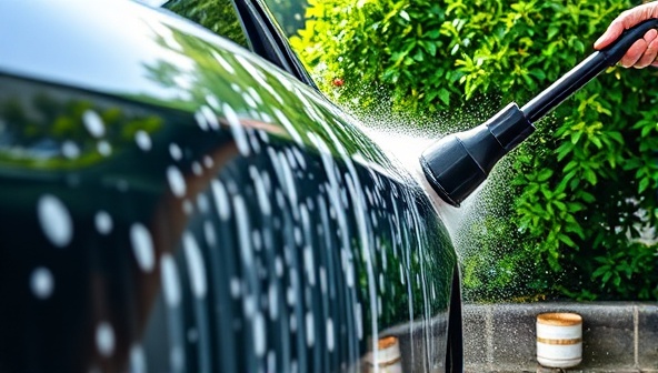 An artistic representation of a car being washed with lush greenery in the background, showcasing the eco-friendly and sustainable aspect of the car wash service.