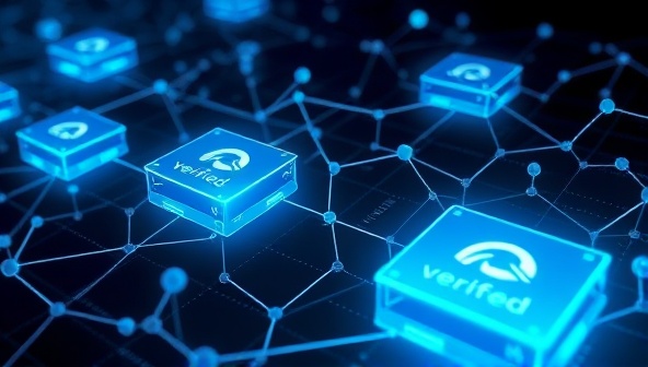 A secure blockchain network visualization displaying interconnected blocks representing verified ad impressions and engagements, with real-time tracking metrics and timestamps, symbolizing transparency and trust in digital advertising verification.