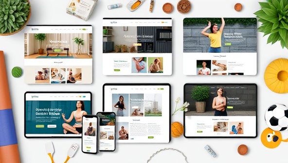 A series of niche-specific website templates displayed on various devices, showcasing designs for yoga studios, eco-friendly brands, and pet care services, surrounded by relevant elements like yoga mats, eco-friendly products, and pet accessories, highlighting the customization and uniqueness of NicheCraft Designs.