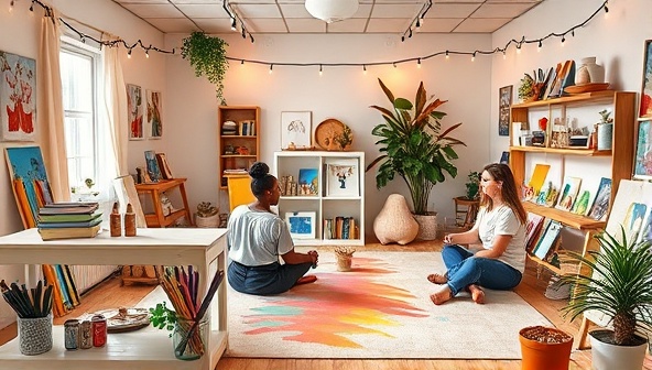An inviting virtual art studio filled with colorful art supplies, serene decor, and cozy seating areas, with individuals engaging in therapeutic art exercises, mindfulness practices, and self-care activities to promote emotional healing, relaxation, and creative exploration in a nurturing and safe environment.