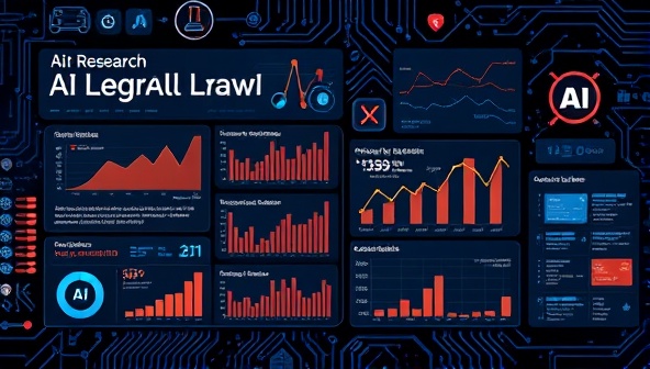 An illustration of a futuristic AI interface displaying legal research results and insights, with graphs, charts, and predictive analytics, showcasing the advanced capabilities and data-driven approach of AI Legal Insight.