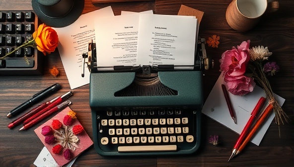An elegant desk setup with a typewriter, surrounded by pages of handwritten poems, vibrant pens, and dried flowers, creating a romantic and artistic ambiance that embodies the essence of personalized poetry.