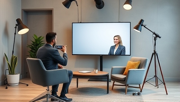 A modern and inviting studio setup with a professional coach conducting a virtual interview session with a client via a large screen, showcasing a dynamic and engaging coaching environment.