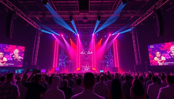 An electrifying visual representation capturing the essence of a virtual music concert, featuring a stage setup with vibrant lights, a crowd of virtual avatars enjoying the performance, and a dynamic visual effects display, evoking the energy and excitement of a live music event.