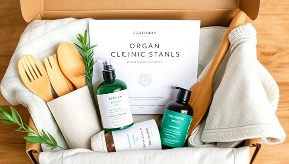 An enticing subscription box filled with eco-friendly home products like bamboo utensils, organic cotton towels, and natural cleaning solutions, arranged in an aesthetically pleasing way to convey a sense of eco-conscious luxury.