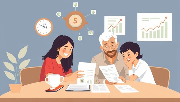 An illustration of a happy family sitting together at a table, reviewing financial documents and charts with a financial planner, surrounded by symbols of financial security and unity, conveying the importance of family financial planning and collaboration.