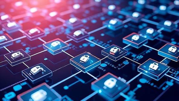 A futuristic visualization of interconnected blocks representing secure audit trails, highlighted by digital locks and data timestamps, symbolizing transparency and integrity in financial auditing.