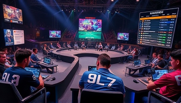 An exciting gaming tournament scene featuring players engaged in intense competition, with dynamic gameplay elements and a digital scoreboard displaying prize winnings, illustrating the competitive and thrilling atmosphere of skill-based betting tournaments on the platform.