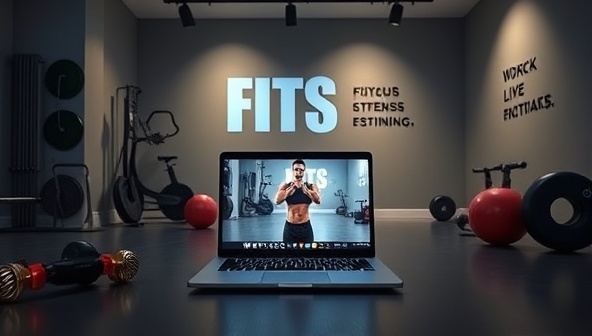 A sleek and modern virtual fitness studio setup with a laptop streaming a live workout session, fitness equipment in the background, and motivational quotes on the wall, creating an immersive and energizing atmosphere.