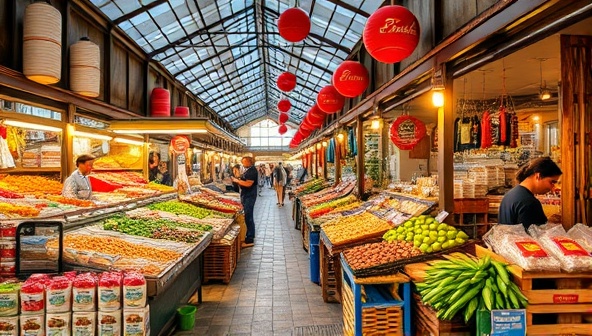 An image of a vibrant food market bustling with activity, featuring colorful stalls, fresh produce, and diverse food offerings, capturing the essence of FlavorExplore Tours' culinary adventures and cultural explorations.