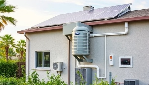 An energy-efficient building with HVAC ducts and smart thermostats, surrounded by greenery and solar panels on the roof, exemplifying sustainable climate control solutions for modern structures.