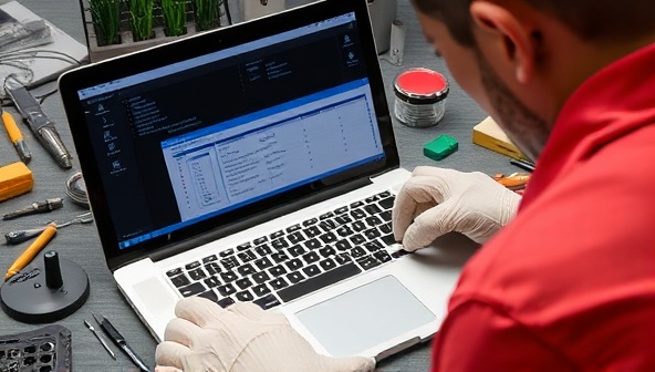 An image of a technician repairing a laptop with accounting software displayed on the screen, surrounded by tools and equipment, showcasing the expertise and precision of the TechLedger Fixers in resolving accounting tech issues promptly.