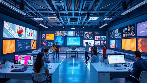 An immersive depiction of a virtual design lab filled with interactive screens, 3D tools, and collaborative workspaces where participants engage in creative challenges and design projects, capturing the dynamic and engaging environment of Design Fusion Labs.