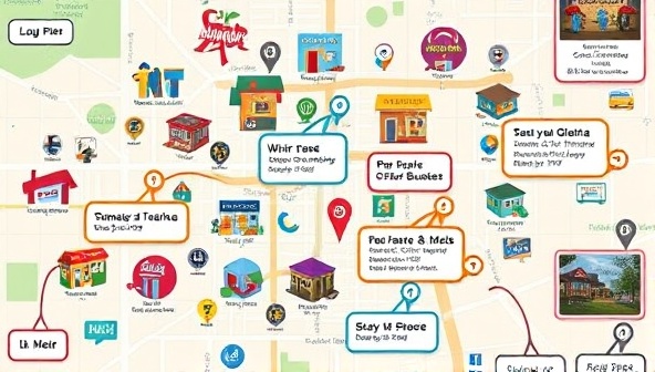 An interactive map interface showcasing local businesses with clickable icons, vibrant colors, and engaging pop-up offers, inviting users to explore the neighborhood virtually and discover hidden treasures.