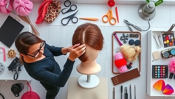 An artistic overhead shot displaying a virtual hair styling workshop setup with a professional hairstylist demonstrating a trendy hairstyle on a mannequin head, surrounded by colorful hair accessories and tools, conveying creativity and learning in a digital environment.