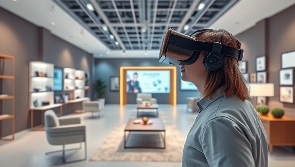An immersive VR experience where a user explores a virtual showroom, interacts with products in a lifelike setting, and experiences the brand in a new dimension, capturing the essence of VR Brandscape's innovative marketing approach.