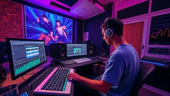 An immersive virtual music studio setting with a student manipulating music tracks on a digital workstation, surrounded by professional music production equipment and visualizers, capturing the creative and dynamic atmosphere of BeatLab Academy's interactive learning experience.
