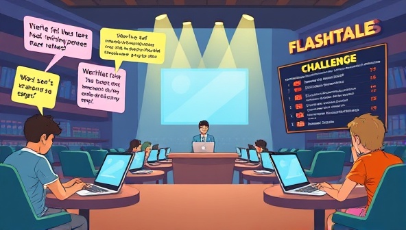 A dynamic digital illustration of a virtual writing challenge arena, featuring animated characters typing on laptops, colorful word bubbles with snippets of microfiction stories, and a leaderboard displaying top participants, creating a vibrant and competitive atmosphere at FlashTales Challenge.