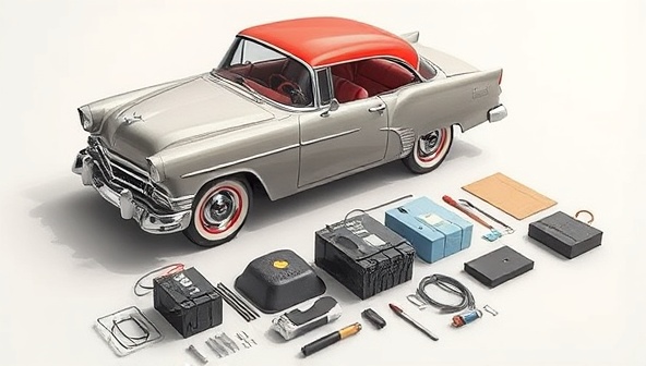 An illustrative representation of a classic car being transformed into an electric vehicle using the EVolt Kit, with tools, batteries, and components laid out neatly, showcasing the simplicity and excitement of the conversion process.