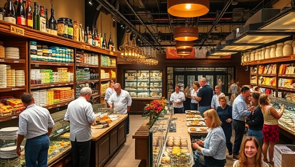 A vibrant culinary emporium setting with shelves stocked with gourmet ingredients, chefs leading cooking classes, customers sampling exquisite dishes, and a food tasting event in full swing, creating a lively and flavorful atmosphere that celebrates the art of food and cooking.