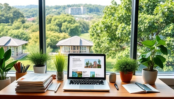 An office setting with a panoramic window view of a lush green landscape, featuring a desk with a laptop displaying sustainability reports, surrounded by recycled paper, potted plants, and eco-friendly office supplies, creating a serene and eco-conscious work environment.