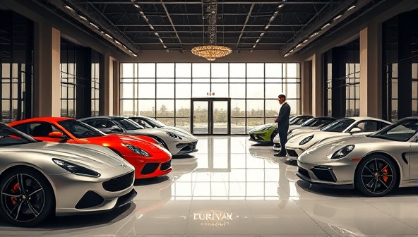 An elegant visual representation of a luxury car rental service, featuring a collection of exotic vehicles lined up in a prestigious showroom, with a concierge assisting a client in selecting their dream car for a special occasion, highlighting the bespoke and premium experience offered by the platform.