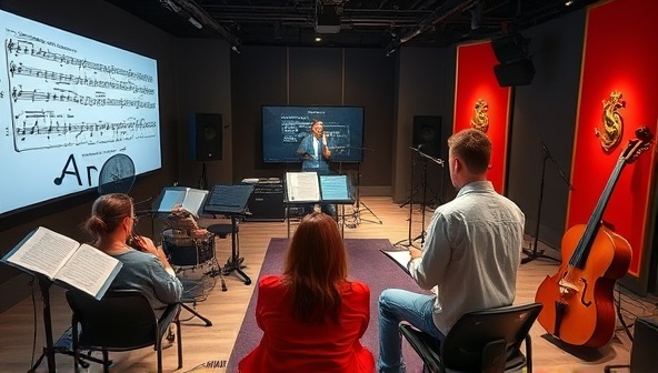 An immersive virtual music studio setup with an instructor guiding a student through a musical piece on a digital interface, surrounded by musical notes, instruments, and a virtual audience, capturing the essence of interactive and engaging online music education.