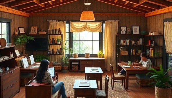 A vibrant and welcoming virtual writing retreat space on the WriteAway Haven platform, featuring multiple writers engaged in creative writing exercises, virtual group discussions, and personalized writing feedback sessions, fostering a sense of community and inspiration for writers.
