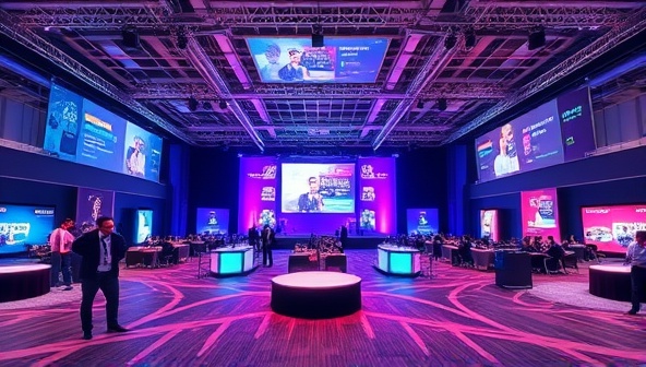 An immersive virtual event setup showcasing a digital conference hall with interactive elements like virtual booths, networking lounges, and live streaming stages, reflecting the future of event planning in a digital world.