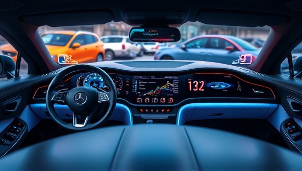 An image featuring a futuristic car dashboard with advanced digital displays, AR interfaces, and smart connectivity features, illustrating the integration of cutting-edge technology in modern vehicles and the need for expert guidance.