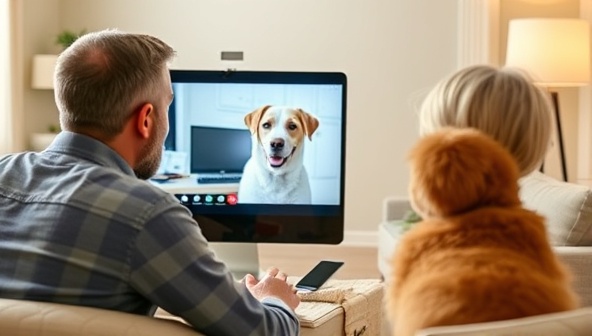 A heartwarming telemedicine consultation scene showing a pet owner interacting with a caring veterinarian through a video call, with a happy pet in the background, highlighting convenience and personalized pet healthcare from home.