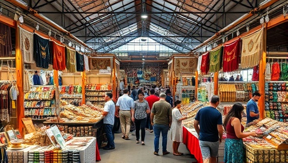 A bustling marketplace scene filled with colorful stalls, artisanal products on display, customers browsing and interacting with vendors, and a lively atmosphere of creativity and community engagement.