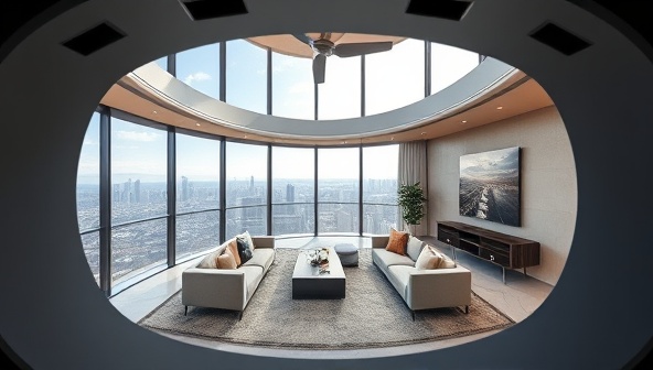 An engaging VR headset view of a luxurious penthouse interior with panoramic views, interactive hotspots for exploring different design elements, and immersive sound effects, creating a lifelike architectural experience.