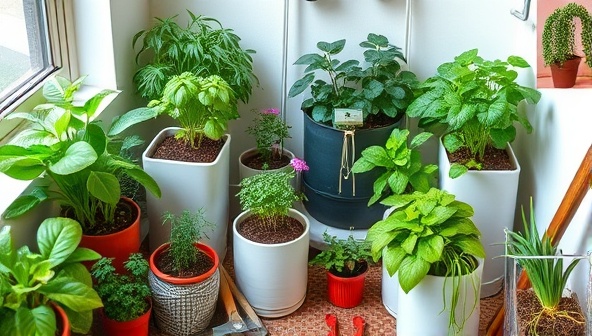 A charming indoor garden setup featuring lush green plants in stylish containers, a variety of herbs and flowers flourishing in a small space, gardening tools neatly arranged, and a cozy urban oasis vibe that captures the essence of City Bloom Kits.