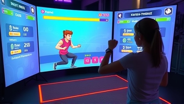 An engaging virtual fitness challenge scenario where a player performs physical exercises in sync with an animated game character on-screen, earning points and rewards for each completed workout, blending gaming excitement with fitness motivation.