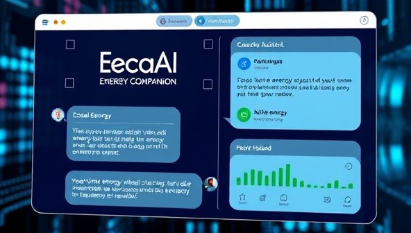 An interactive virtual assistant interface displaying the EcoAI Energy Companion logo, with conversational dialogues, personalized energy-saving tips, and real-time energy usage insights, set against a futuristic digital backdrop, illustrating the cutting-edge technology and convenience of AI-powered energy management.
