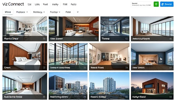 An online marketplace interface displaying a diverse range of architectural visualization projects, including photorealistic renderings of interior spaces, conceptual designs, and urban landscapes, showcasing the talent and creativity of freelance visualization artists on VizPro Connect.
