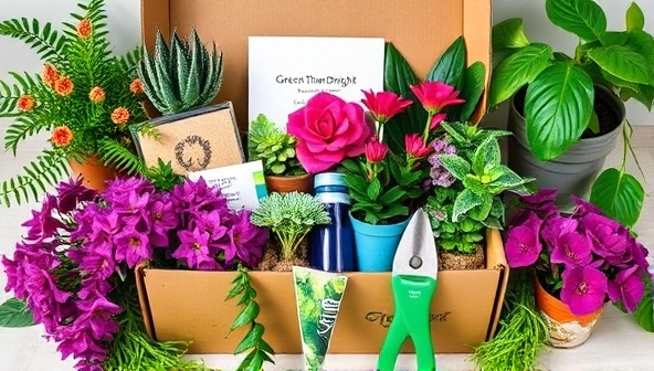 An array of vibrant and lush plants and gardening tools arranged in a subscription box, surrounded by greenery and natural elements, inviting viewers to delve into the world of plant care and gardening with Green Thumb Delight.