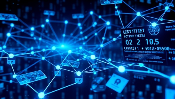 An artistic depiction of a blockchain network with digital lottery tickets and transparent transaction records, showcasing the security and decentralized nature of the blockchain-based online lottery platform in a visually engaging and futuristic manner.