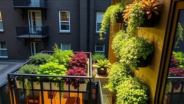 An urban apartment balcony transformed into a lush vertical garden filled with vibrant plants growing under the glow of LED lights, creating a green oasis in the city.
