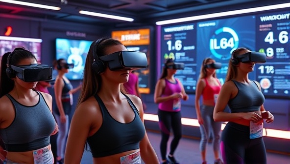 A futuristic gym setting with individuals wearing VR headsets, engaging in a virtual workout environment surrounded by digital displays showing workout stats and achievements, creating an immersive and high-tech fitness experience.