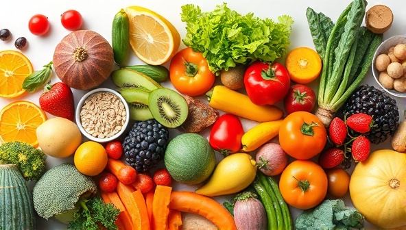 An image of a diverse array of fresh fruits, vegetables, and whole foods arranged artistically, symbolizing the essence of personalized nutrition and healthy eating habits.