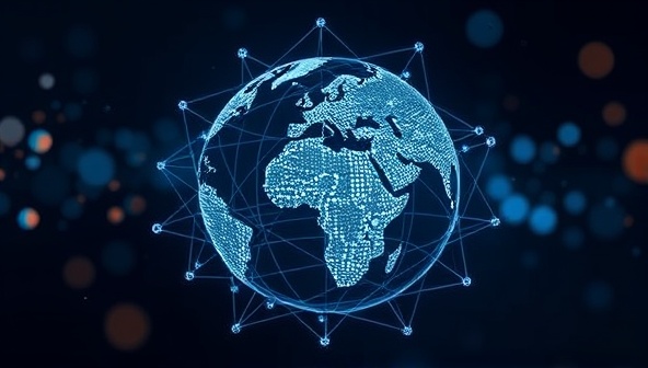 An abstract representation of interconnected data points forming a network around a globe, symbolizing the platform's ability to connect influencers and brands worldwide through data-driven insights and partnerships.