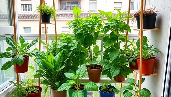 An urban apartment balcony transformed into a lush green garden oasis with potted plants, vertical planters, and a small vegetable patch, showcasing the possibilities of urban farming in limited spaces and the joy of growing one's food in the city.