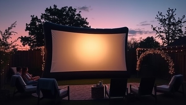 An outdoor setting at dusk with a large inflatable movie screen glowing in the twilight, surrounded by fairy lights and comfortable seating arrangements, creating a magical and inviting ambiance for a movie night under the stars.