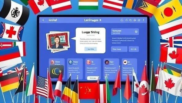 An engaging language learning platform interface with virtual classrooms, language exercises, and cultural immersion resources, surrounded by flags representing various languages, symbolizing the essence of a virtual language learning hub.