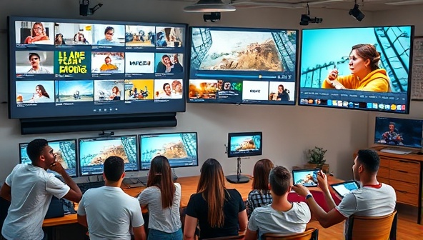 A dynamic video editing workspace with multiple screens displaying customized video templates, a creative team brainstorming ideas, and a diverse group of people watching personalized videos on various devices, illustrating engagement and connectivity.