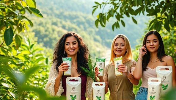 An eco-friendly influencer collaboration campaign featuring influencers promoting sustainable products in lush natural settings, with recyclable packaging and organic materials, symbolizing the ethical and environmentally conscious partnerships facilitated by EcoInfluence.