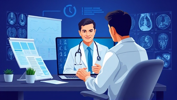 An insightful digital illustration of a specialist physician providing a remote medical consultation to a patient, surrounded by medical charts and diagnostic images, symbolizing expertise and clarity in medical decision-making through MedInsight Consult's second opinion service.