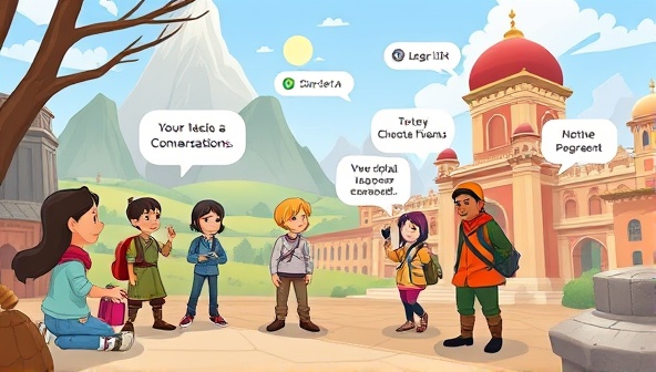 An interactive language quest scene with animated characters engaging in language exercises, exploring virtual landmarks, and practicing conversational skills, illustrating the gamified and educational aspects of LingoQuest language learning platform.
